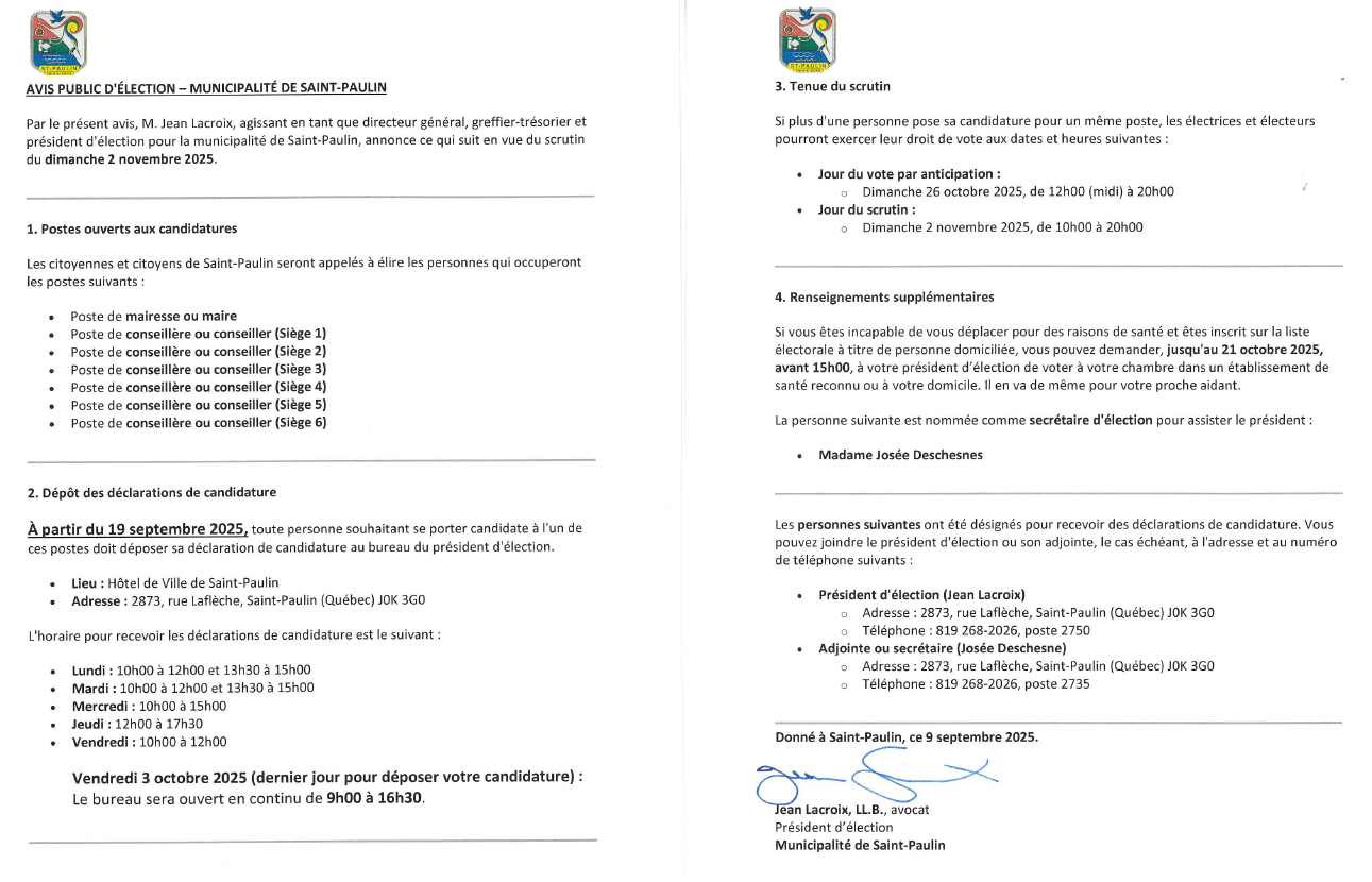 2025 09 09 avis public délection du 2 novembre 2025